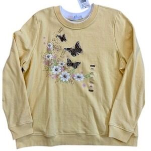 Breckenridge Petite Yellow Butterfly Floral Vintage Embroidered‎ Sweatshirt PXL